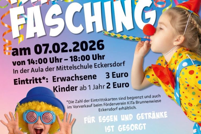 Veranstaltungsplakat mit Kindern, Datum, Uhrzeit und Eintrittspreisen für eine Feier.
